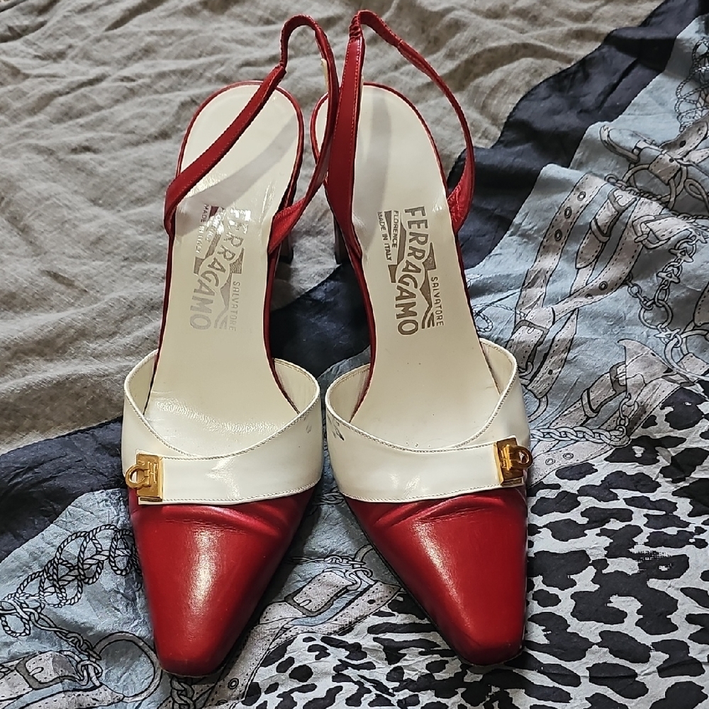 Salvatore Ferragamo Red and Cream Heels